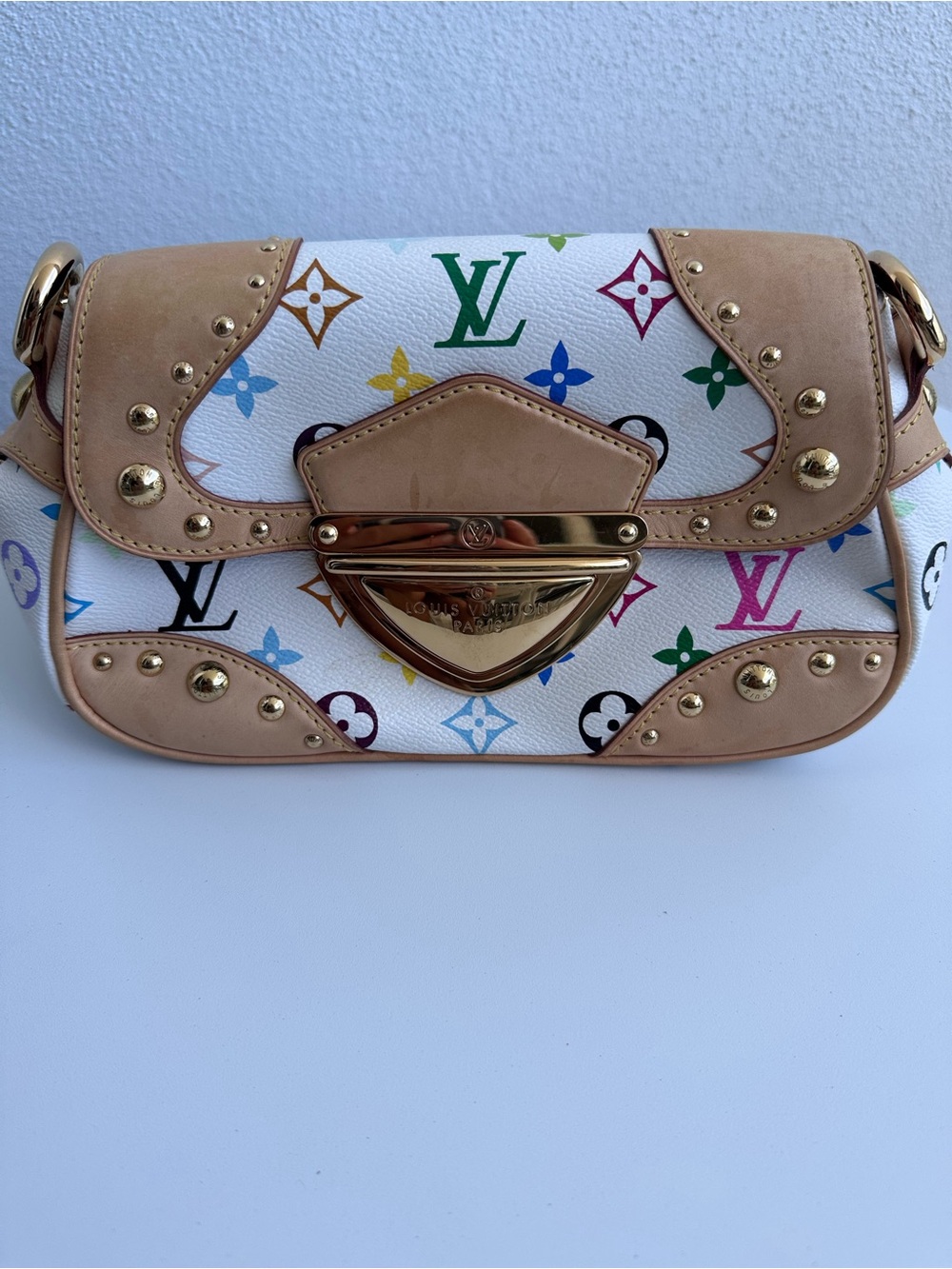 Louis Vuitton White Multicolor Monogram Shoulder Bag with Vachetta Trim